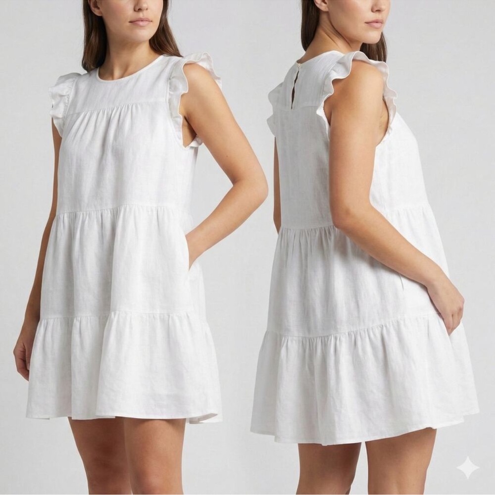 J. Crew Women's Linen-Blend Ruffle-Sleeve Tiered‎ Mini Dress White Size 10